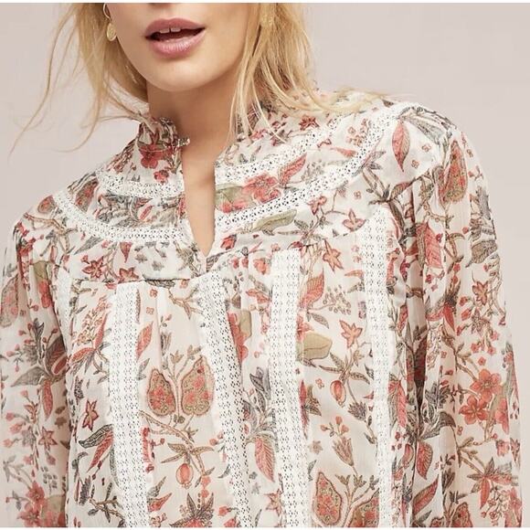 Feather Bone Anthropologie Sheer Boho Peasant Top Orange Olive Green Fall Sz 12 - Picture 3 of 11